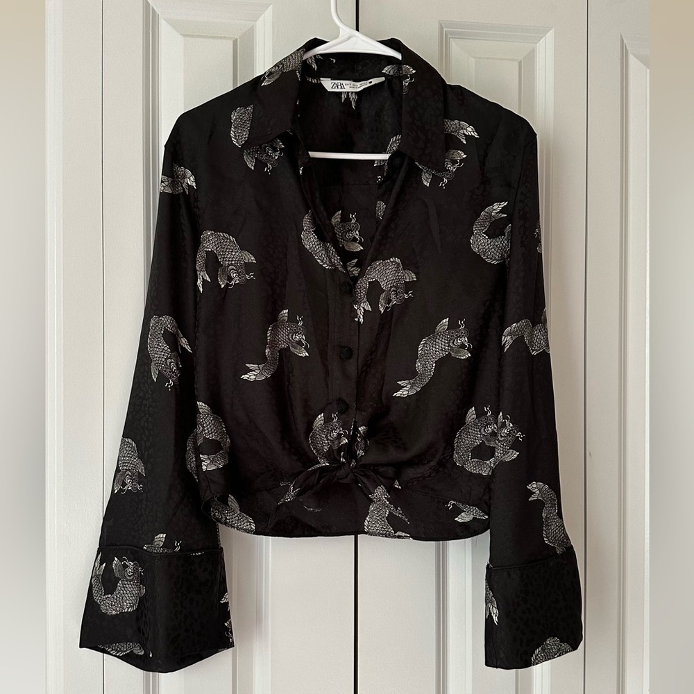 Zara Black Blouse with White Dragon Print
